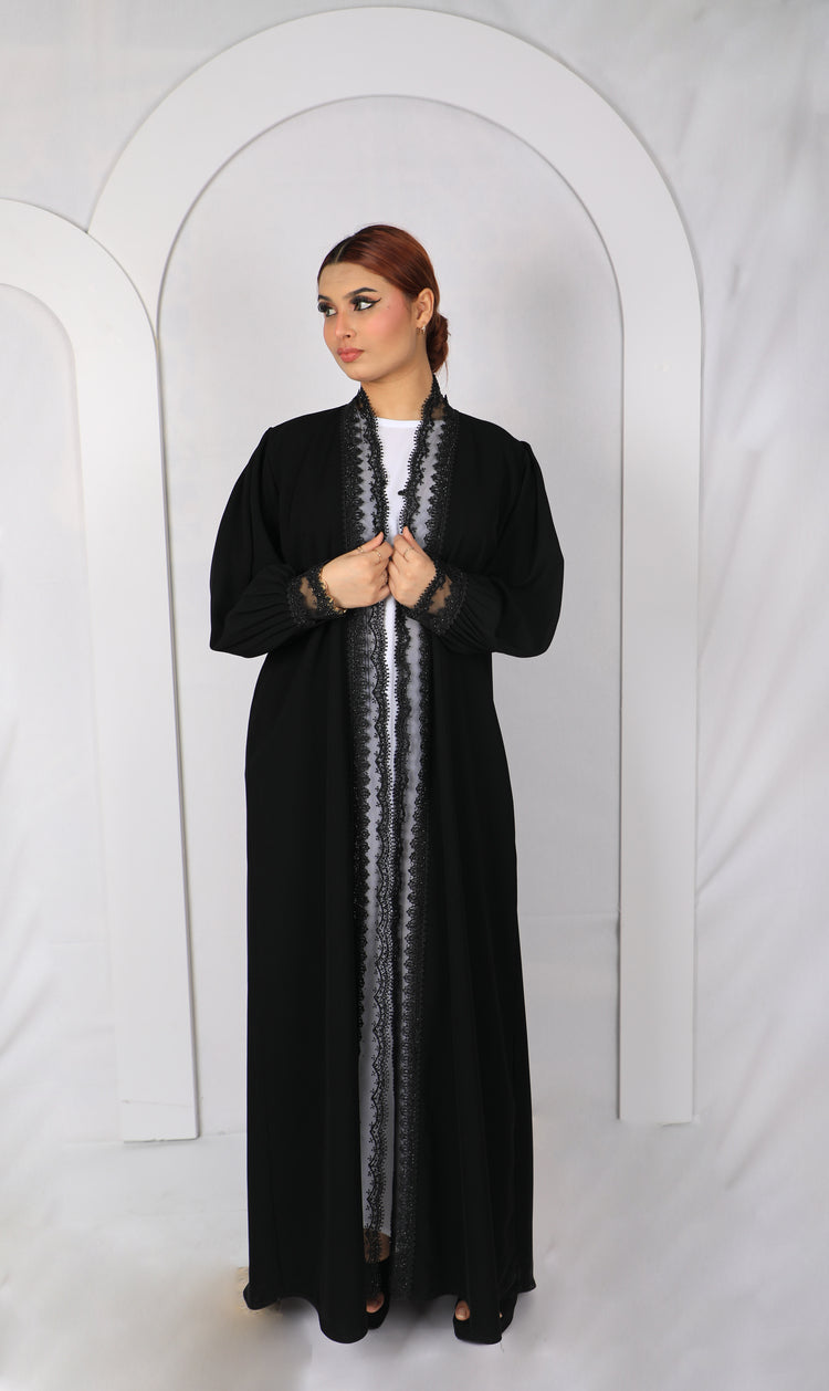 Premium Lace Open Abaya Model L202 front view in black made from premium Korean fabric