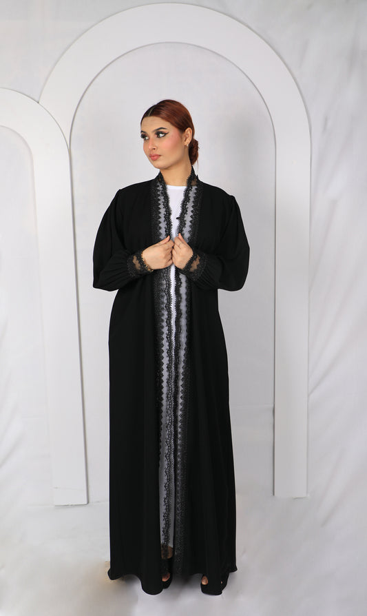 Premium Lace Open Abaya Model L202 front view in black made from premium Korean fabric