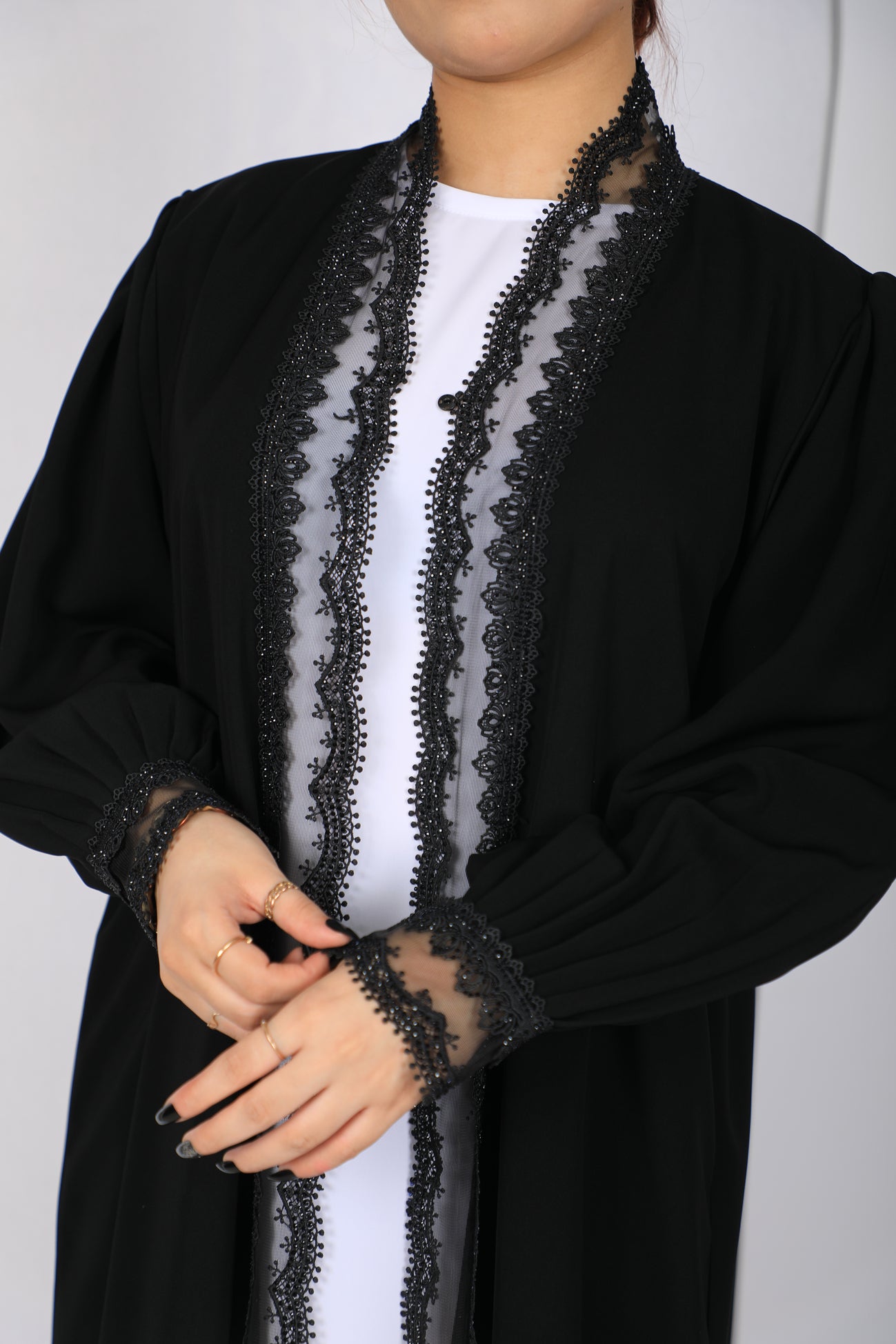 Premium Lace Open Abaya Model L202 close-up showing lace sleeve cuffs
