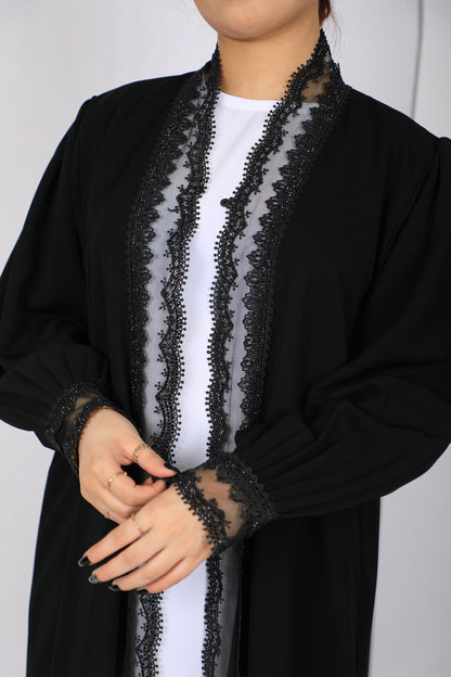 Premium Lace Open Abaya Model L202 close-up showing lace sleeve cuffs