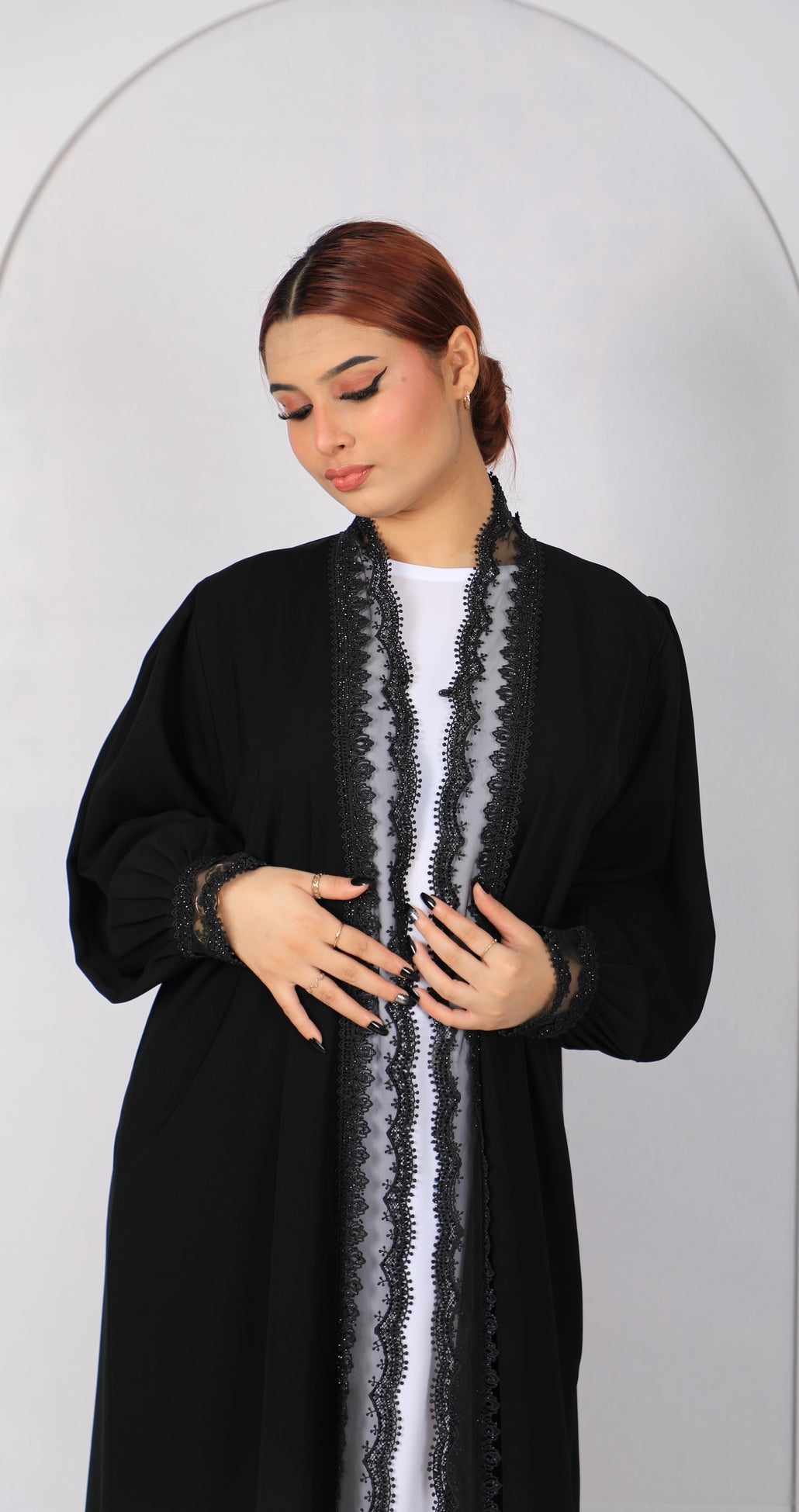 Luxury black lace abaya Model L202 with front lace trim