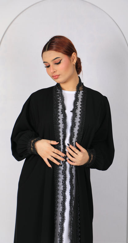 Luxury black lace abaya Model L202 with front lace trim