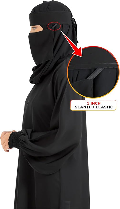 Black hijab with slanted elastic feature on a white background